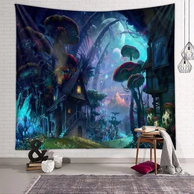 Productafbeelding van Unyqoos® Wandtapijt – Psychedelisch ontwerp van een droombos, meerkleurig, wanddecoratie voor slaapkamer, woonkamer en studentenkamer