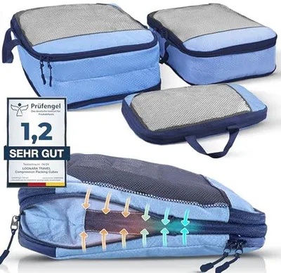 Productafbeelding van Inpak Cubes met Compressie voor Koffer en Rugzak - 3-delige Set in Blauw