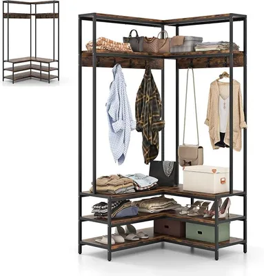 Imagen del producto de Perchero en forma de L con espacio para zapatos, soporte para ropa 3 en 1 con 7 ganchos, perchero de metal, perchero de esquina para pasillo, salón, dormitorio, 90x90x178 cm (marrón)