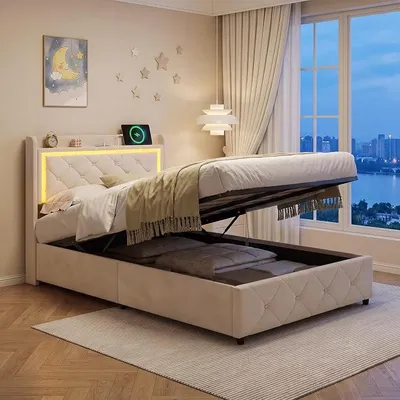 Imagen del producto de Cama individual con somier de 90x200 cm, cama con espacio de almacenamiento hidráulico, cama para jóvenes
