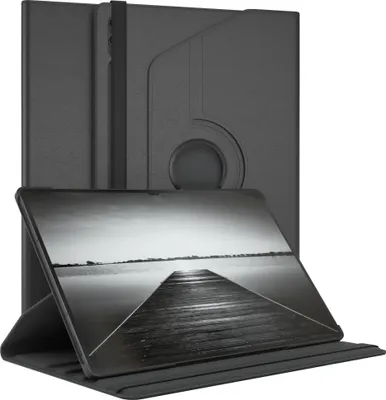 A black tablet case is shown in a studio setting, with a tablet displaying a black and white image of a pier and water.
