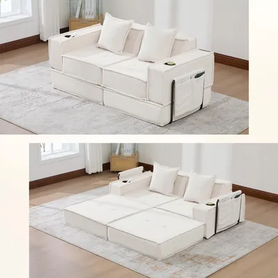 Image de Canapé-lit double moderne – Canapé deux places en tissu avec 2 coussins, pouf décoratif avec rangement latéral et porte-boissons, idéal pour les coins lecture et les salles de jeux
