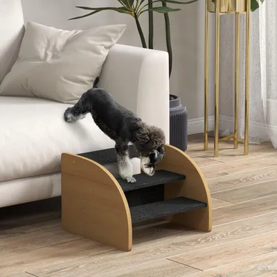 Zdjęcie produktu dla Schody dla psa PawHut, 3 stopnie, 30 cm wysokości, z boczną ścianką, rampa dla małych psów, schody dla kotów, pomoc w wejściu na łóżko, sofę, kanapę i samochód, dąb