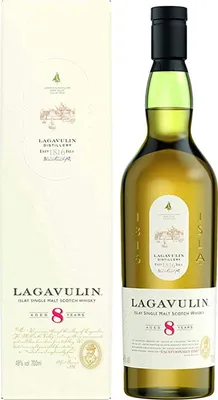 A bottle of Lagavulin 8 Year Old Islay Single Malt Scotch Whisky and its gift box are displayed against a white background.
