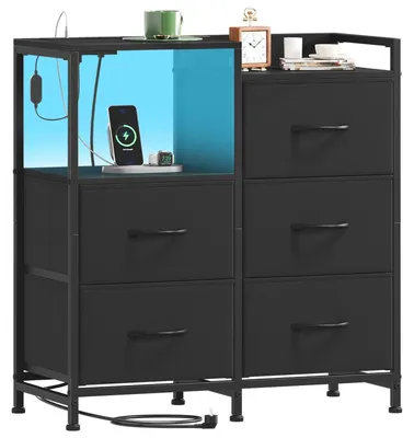 Productafbeelding van Commode met lades, LED-verlichting en stekkerdoos, 5 stoffen lades, zwart, 66,5 x 29 x 70,5 cm