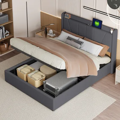 Immagine prodotto di Letto box in lino 160x200cm con porta USB - testata e rete a doghe - Grigio