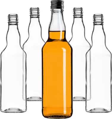 Five glass bottles are arranged in a row, with one bottle in the center filled with amber liquid and the other four empty.