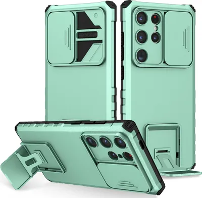 Produktbild von Galaxy S26 Hülle, Dual Layer Ständer Schutzhülle mit Schiebe Kamera Schutz für Samsung Galaxy S26 Türkis