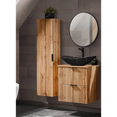 Produktbild von Badmöbel Set Wotaneiche mit Rillenoptik 60 cm Waschtisch-Unterschrank mit Keramik Waschbecken Hochschrank LED-Spiegel