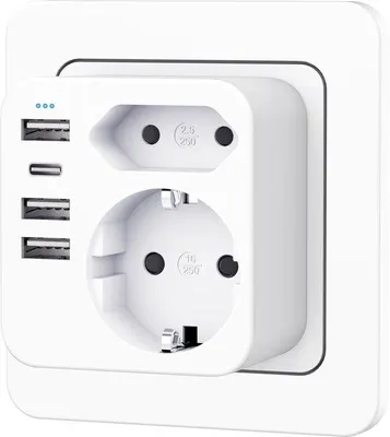 Zdjęcie produktu dla Uniqoos® Kompaktowa listwa zasilająca wielokrotna z portami USB-C – 6 w 1 (2 gniazda Schuko + 4 porty USB), 17 W USB-A / 3,4 USB-C, wymiary: 65×70×77 mm
