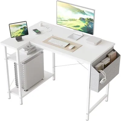 Zdjęcie produktu dla Ibenzoa® Kompakter, narożny biurko w kształcie litery L, wyposażone w zintegrowane gniazdka elektryczne i porty USB, odwrócalne półki oraz solidną stalową ramę – idealne do pracy w domu i do gier