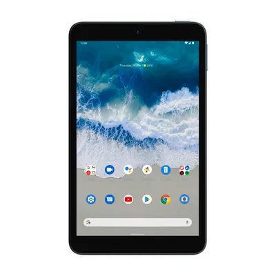 A black tablet with a blue bezel, displaying a colorful wallpaper and app icons.