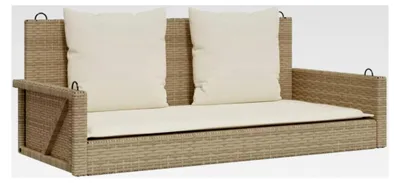 Produktbild von Hängebank mit Kissen, Hängeschaukel mit Befestigungsringen, Schaukelbank für den Außenbereich, Gartenschaukel, Modern, Beige Poly Rattan
