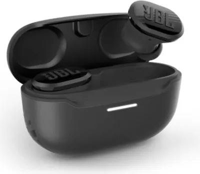 A pair of black wireless earbuds in their charging case, with one earbud partially removed from the case.