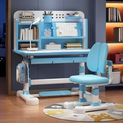 Zdjęcie produktu dla Zestaw stolika i krzesełka dla dzieci, regulowany stolik i krzesło do nauki, z podnóżkiem i półką na książki, ergonomiczne krzesło do biurka, biurko dla dzieci (niebieski, model 2)