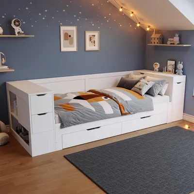Produktbild von okwish Kinderbett 90x200 Multifunktionales Schlafsofas mit Regalen und Schubladen,Jugendbett mit Nachttisch und Stauraum,ohne Matratze,weiß