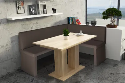 Productafbeelding van Eckbankset 168x128 cm ROBIN, kleur bruin / Eettafel DANTE, afwerking Sonoma