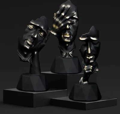 Produktbild von Unyqoos® Dekorative Skulpturen, Set 3 – Denker‑Figuren aus schwarzem Harz, 14 cm H x 6 cm B – 'Sieh nichts, hör nichts, sag nichts' Deko