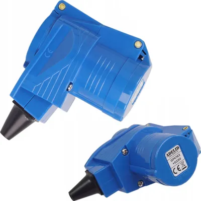 Two blue electrical adapters are shown against a white background.