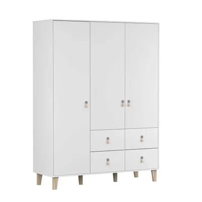 Produktbild von Drehtürenschrank Kleiderschrank Schrank Kinderkleiderschrank 150 cm  Weiß/Weiß mit vier Schubkästen und  Leder Griffe - Figo 19