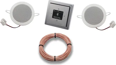 Produktbild von Busch Jäger DAB+ Bluetooth Unterputz Unterputzradio DAB BT 8217 U – 101 Komplett-Set PUR Edelstahl + 2 x Deckenlautsprecher/Einbaulautsprecher + 20 Meter Lautsprecherkabel 2x0,75 mm² 8217U-101