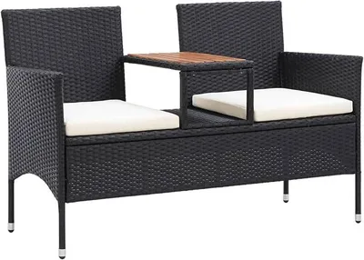 Produktbild von Holzbank Sitzbank Gartenbankpark für 2-3 Sitzer,Balkonbank Parkbank Flurbank Terrassenbank für Terrasse,Balkon,Garten mit Teetisch 143 cm Poly Rattan Schwarz