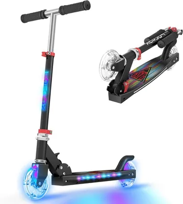 Produktbild von TONBUX Kinderroller für Kinder im Alter von 5 bis 12 Jahren, 2 Räder mit Leuchtreifen, Lenker und Trittbrett, 3 höhenverstellbare Griffe, Schwarz
