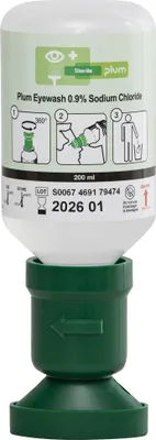 A bottle of Plum Eyewash solution with instructions on how to use it.