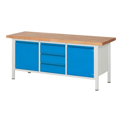 Produktbild von STIER Höhenverstellbare Werkbank Premium mit 3 Schubladen und 2 Flügeltüren BxTxH 2000x700x840-1040mm RAL 7035 / RAL 5012