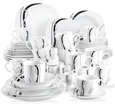 Produktbild von FIONA - Porzellan-Geschirrset - 50-teilig - Für 6 Personen - Teller, Schalen, Tassen und Eierbecher - Pflanzenmuster