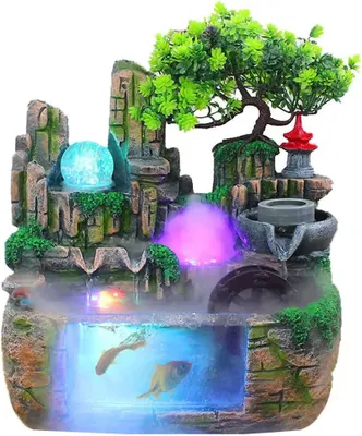 Produktbild von Zimmerbrunnen - Tischbrunnen - LED-Beleuchtung - Nebel - Wasserfall - Harz - Mit Pflanzen - Mehrfarbig