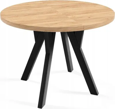A round wooden table with black legs on a white background.