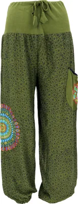 Produktbild von Weite Pluderhose mit Breitem Bund, Mandalastickerei - Olivgrün, Damen, Baumwolle, Größe: L/XL