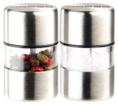 Produktbild von Mini-Salz- und Pfeffermühlen im 2er-Set aus Edelstahl mit Keramikmahlwerk, Ø 3 cm