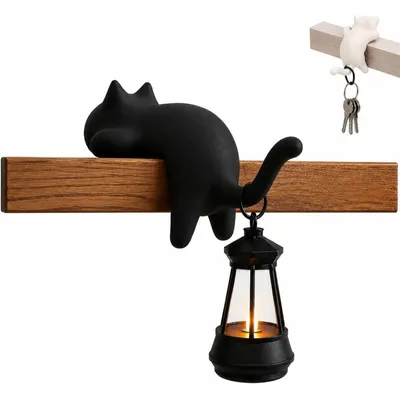 Produktbild von Katzen-Bücherregallampe mit Laterne, Resinhaken (1, Schwarz) Kreatives 3D-Design, weiches LED-Licht, sicherer Schlüsselhalter für Regale & Flur