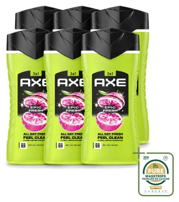Image de 6 flacons de gel douche Axe 3-en-1 Epic Fresh, parfum pamplemousse et ananas, 250 ml, pack économique (6 pièces)