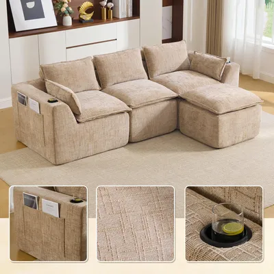 Immagine prodotto di Divano componibile LVHOM a 3 posti in ciniglia, divano a L con portabevande e tasche laterali, divano grande, 256 cm, color kaki