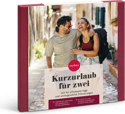 A gift box for a short trip for two, featuring a happy couple on the cover.