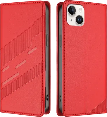 Produktbild von Hülle für iPhone 15 Plus, Kunstleder Brieftaschen Handyhülle mit Kartenfach und Standfunktion Rot