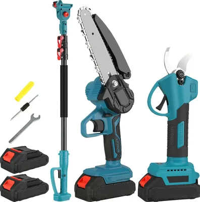 Produktbild von Elektrische Kettensäge - Teleskop-Astsäge 15 cm - Akku-Betrieb - Baumschnitt - Gartenset mit 2 Akkus