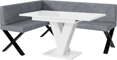 Produktbild von MEBLINI Eckbank für Esszimmer mit ausziehbarem Tisch - Küchenbank - Essecke - Sitzecke Küche - ERIC - X-Beine 128x168x87cm Links - Grau Samt/M Weiß Hochgl.