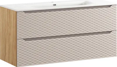Produktbild von Badezimmerschrank 120 cm mit Keramik-Waschtisch - 3D-Beige und geölte Eichenfronten