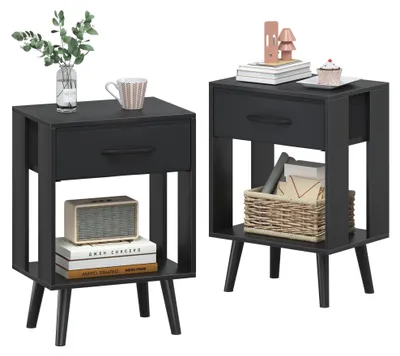 Immagine prodotto di Comodino tavolino da notte - Set di 2 - 40 x 30 x 60,3 cm - Nero con cassetto e ripiano aperto