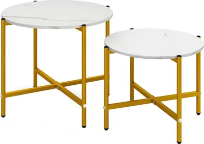 Image de Lot de 2 tables basses rondes - Tables basses - Design peu encombrant - Structure métallique lourde - Table basse et d'appoint - Blanc