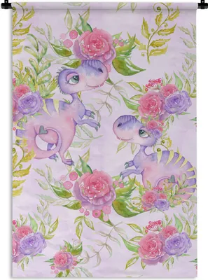Produktbild von MuchoWow® Wandteppich Wandbehang Dinosaurier - Blumen - Kinderzimmer - Mädchen - Rosa - Kinder 60x90 cm Tapisserie Dekoration Wandtuch - Foto-Teppich - Abwaschbar