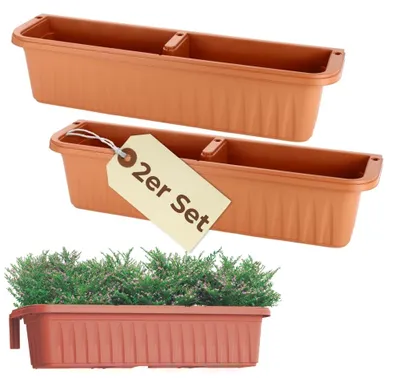 Produktbild von 2er Set Blumenkasten Balkon Terracotta 80 cm Balkonkasten mit Halterung Pflanzkasten mit Wasserspeicher Blumenkasten Balkongeländer Geländerkasten ohne Bohren