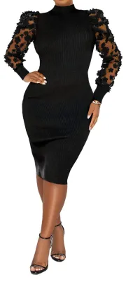 Produktbild von Fastkoala Damen y Geripptes figurbetontes Strickkleid Spitze Langarm Slim Fit