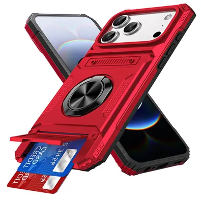 Produktbild von Dual Layer Hülle für iPhone 17 Pro mit Kartenhalter, Magnetische Ring Ständer Militärschutz Stoßfeste Handyhülle Rot