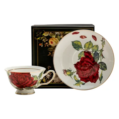 Produktbild von Tasse Porzellan Becher Kaffeetasse Teetasse mit Untertasse ROSE WEIß 200 ml