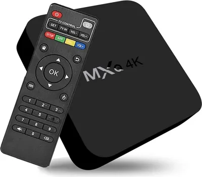 A black MXQ 4K Android TV box and its remote control are shown on a white background.